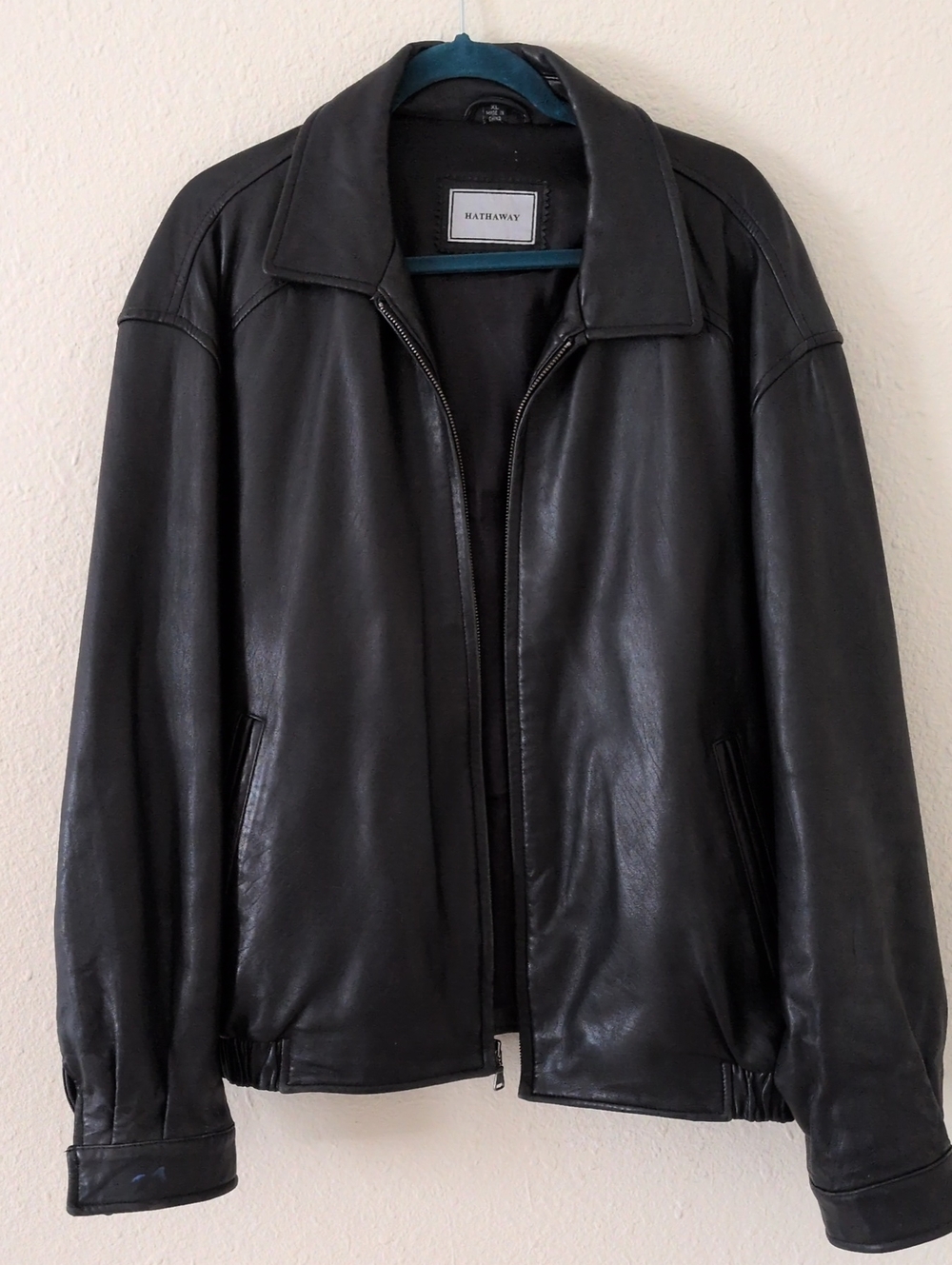 Hathaway Black Leather Bomber Jacket Size XL